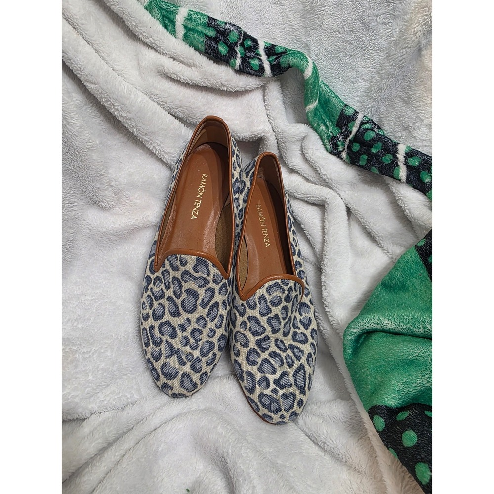 Ramon Tenza Leopard Print Smoking Slippers Blue Grey Woven Leather Flats Spain 9